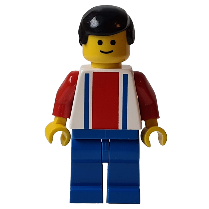 LEGO Soccer Player White Torso, Blue/Res Stripes, Blue Legs, Black Hair, #2 (fig-006758)
