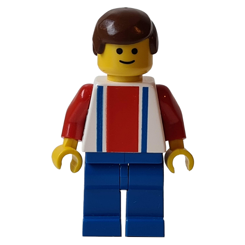 LEGO Soccer Player White Torso, Blue/Res Stripes, Blue Legs, Brown Hair, #7 (fig-006761)