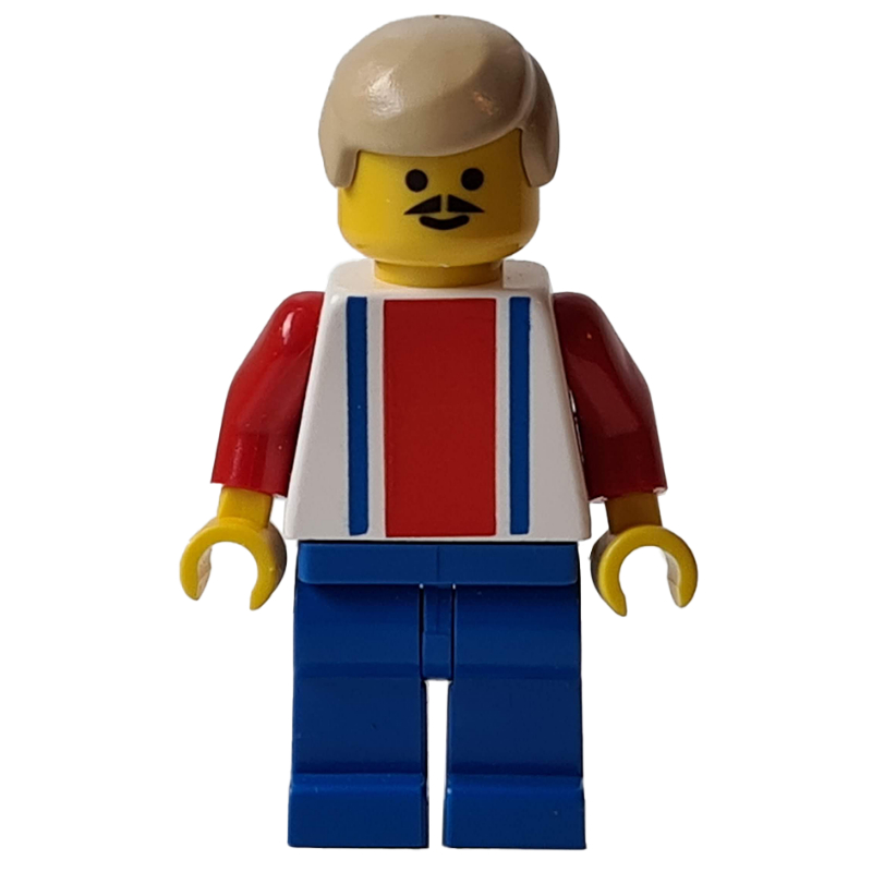 LEGO Soccer Player White Torso, Blue/Res Stripes, Blue Legs, Tan Hair, #9 (fig-006762)