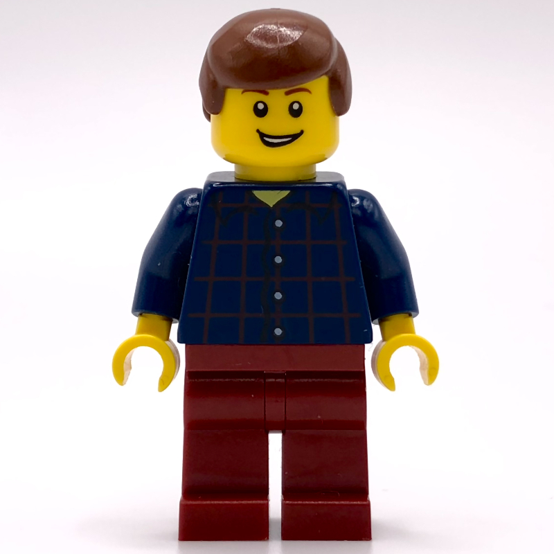 LEGO Man, Plaid Shirt, Dark Red Legs, Reddish Brown Hair (fig-006793)