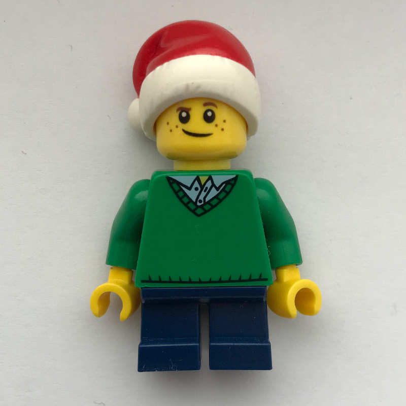 LEGO Boy, Green Sweater, Short Dark Blue Legs, Santa Hat (fig-006796)