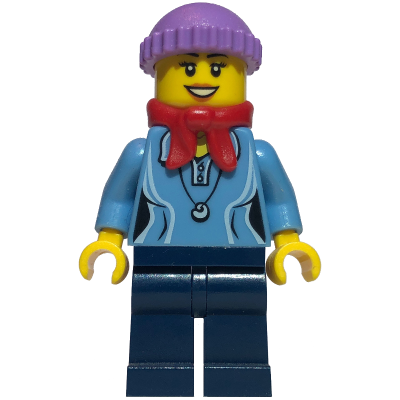 LEGO Woman, Medium Blue Polo Shirt with Necklace, Dark Blue Legs, Red Bandana Scarf, Medium Lavender Hat (fig-006799)