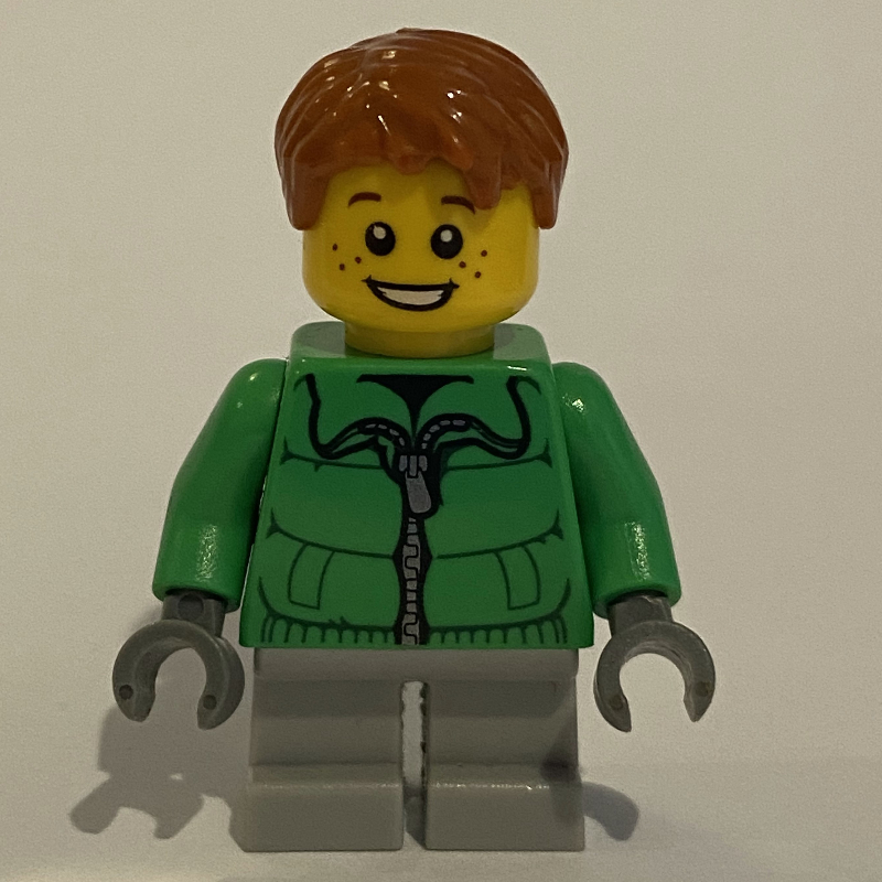 LEGO Boy, Green Jacket, Short Light Bluish Gray Legs, Dark Orange Hair (fig-006802)