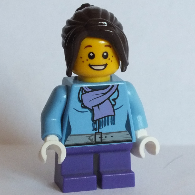LEGO Girl, Medium Blue Jacket with Medium Lavender Scarf, Short Dark Purple Legs (fig-006804)