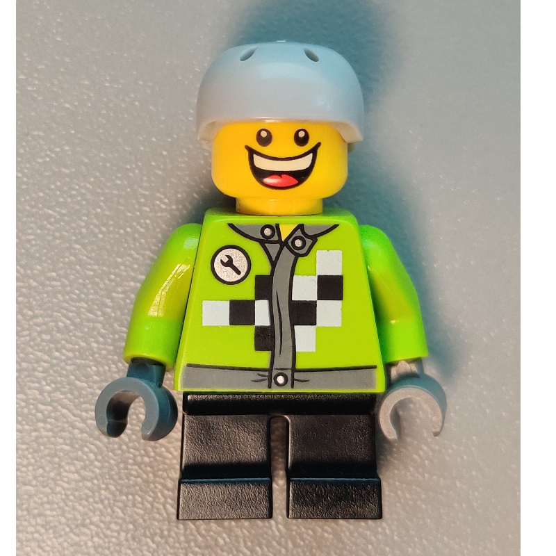 LEGO Boy, Lime Jack with Black and White Checks, Short Black Legs, Light Bluish Gray Helmet (fig-006808)