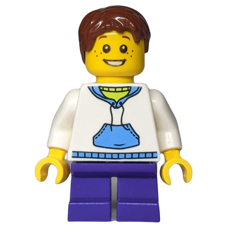 LEGO Boy, White and Blue Hoodie, Short Dark Purple Legs, Reddish Brown Hair (fig-006811)