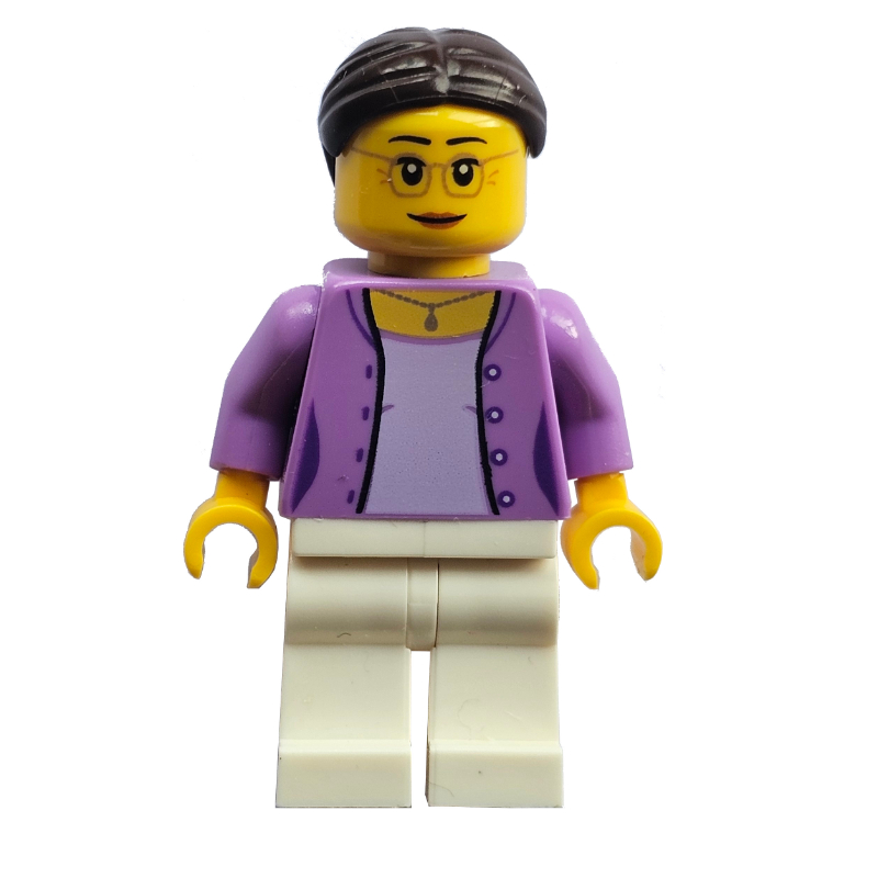 LEGO Female, Open Medium Lavender Jacket over Lavender Shirt, White Legs, Glasses (fig-006816)