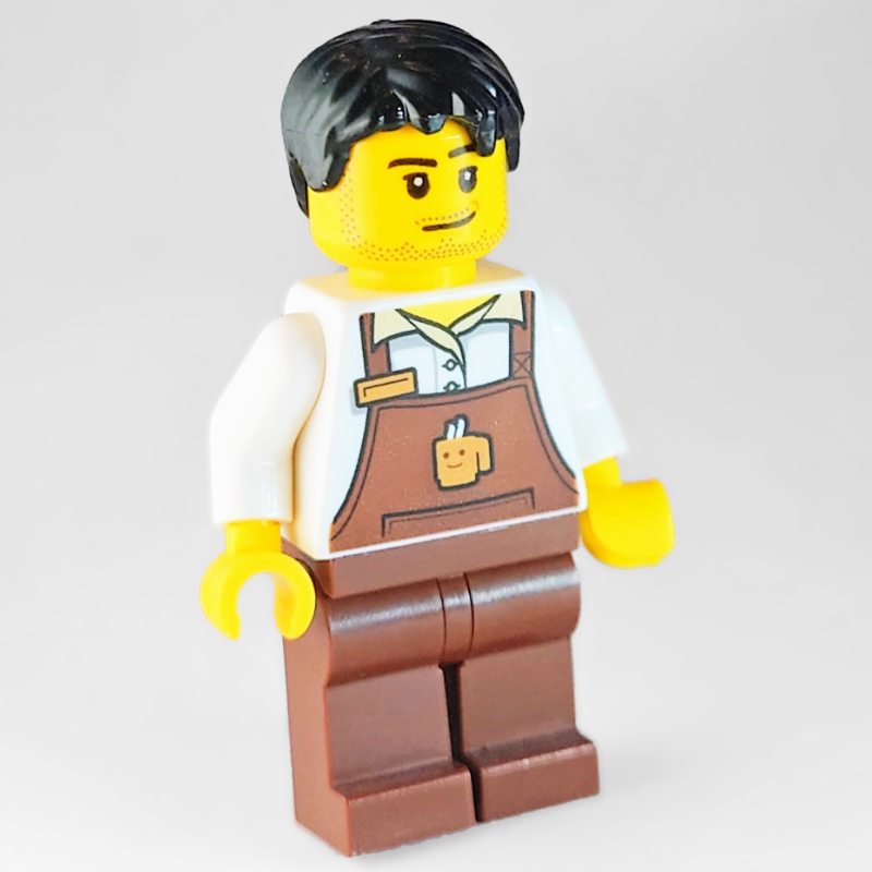 LEGO Barista, Man, White Shirt, Reddish Brown Apron, Black Hair (fig-006817)
