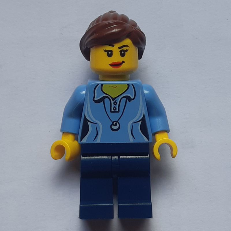LEGO Woman, Medium Blue Polo Shirt with Necklace, Dark Blue Legs, Reddish Brown Ponytail (fig-006820)