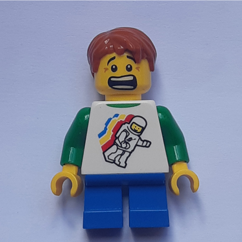 LEGO Boy, Floating Classic Spaceman on Shirt, Short Blue Legs, Dark Orange Hair (fig-006821)