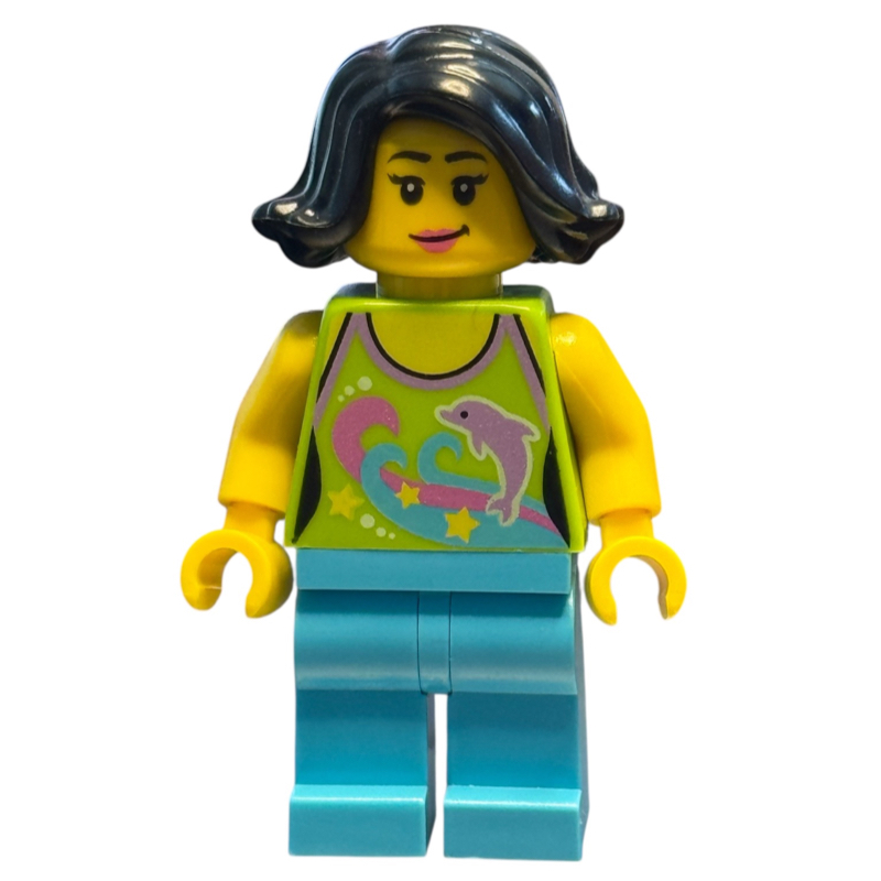 LEGO Woman, Lime Halter Top with Dolphins, Medium Azure Legs, Black Hair (fig-006822)