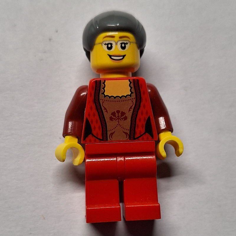 LEGO Woman, Red Cardigan, Red Legs, Dark Bluish Gray Hair, Glasses (fig-006829)