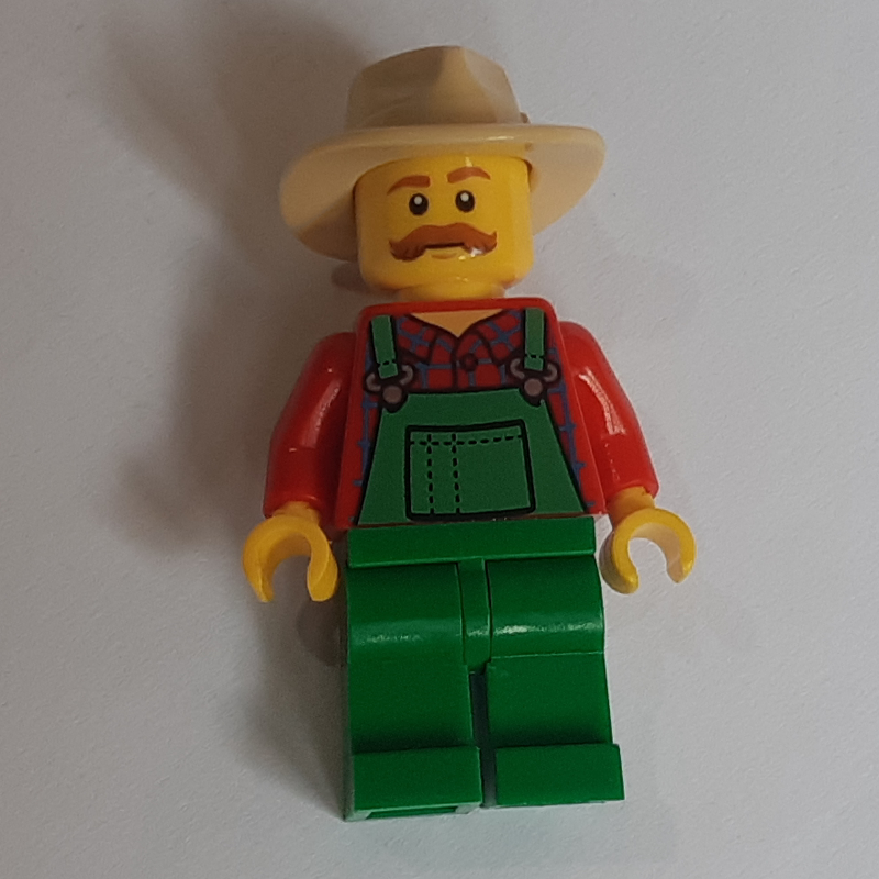 LEGO Man, Green Overalls over Red Shirt, Tan Wide Brim Hat (fig-006831)