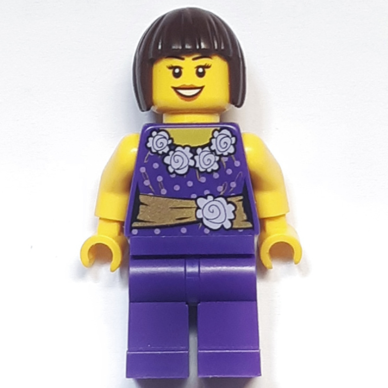 LEGO Woman, Dark Purple Outfit with Blouse, Flowers and Gold Sash, Dark Brown Hair (fig-006832)