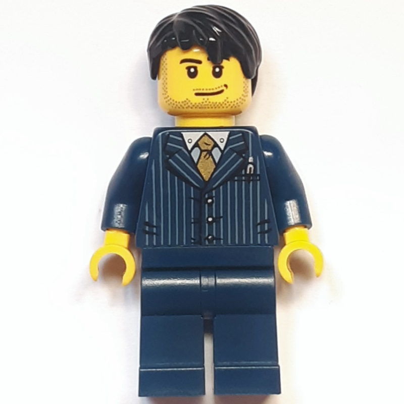 LEGO Man, Dark Blue Pinstripe Suit with Gold Tie, Black Hair (fig-006833)