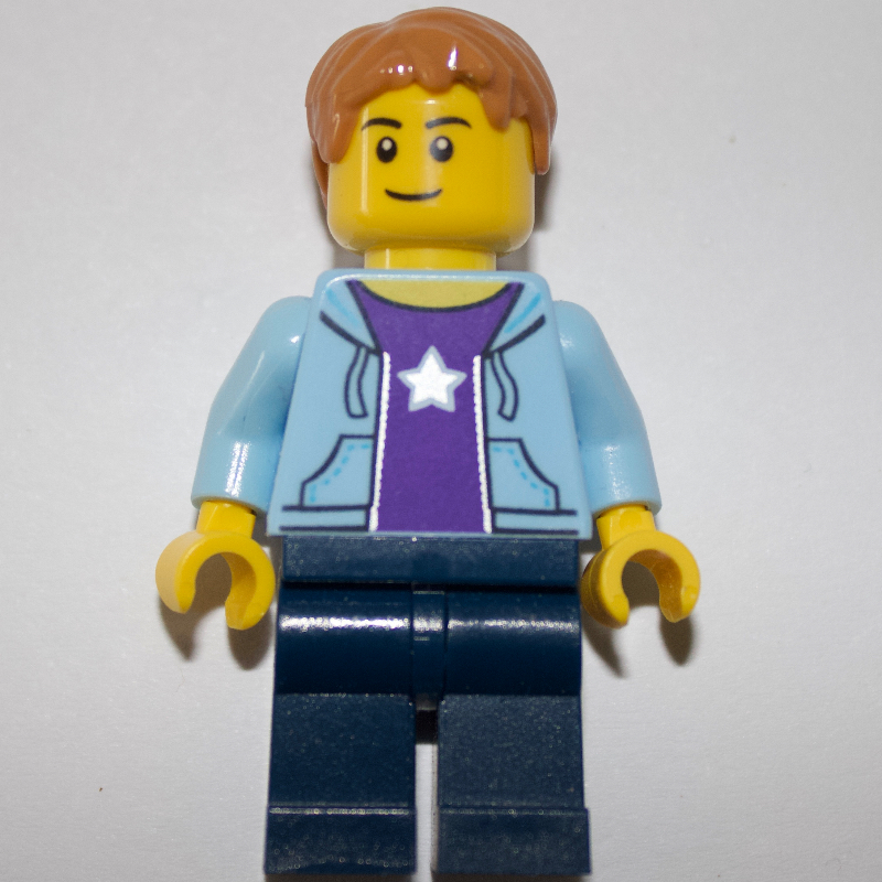 LEGO Man, Open Bright Light Blue Hoodie over Dark Purple Shirt with Star, Dark Blue Legs (fig-006835)