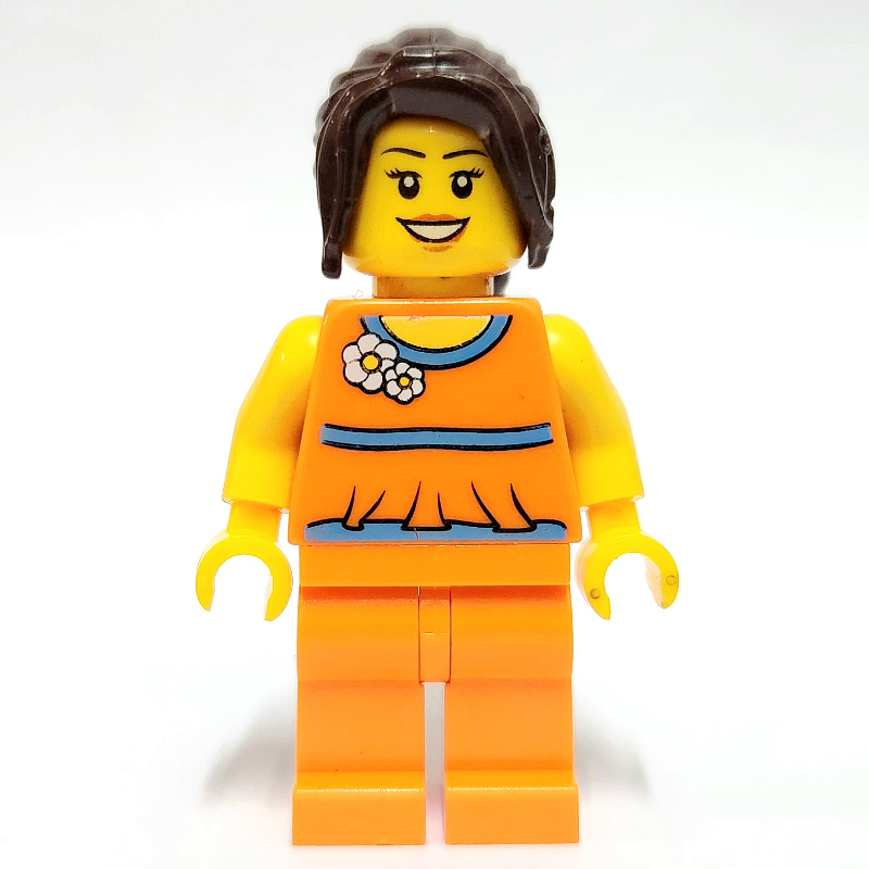LEGO Woman, Orange Outfit with Flowers, Dark Brown Ponytail (fig-006837)