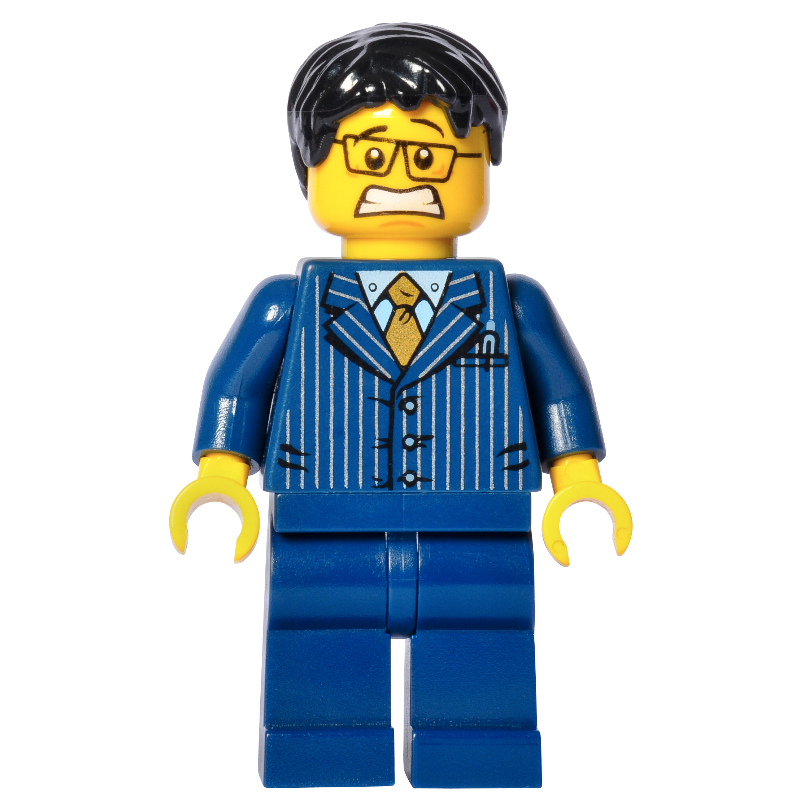 LEGO Man, Dark Blue Pinstripe Suit with Gold Tie, Black Hair, Glasses, 3626cpr0792 (fig-006988)