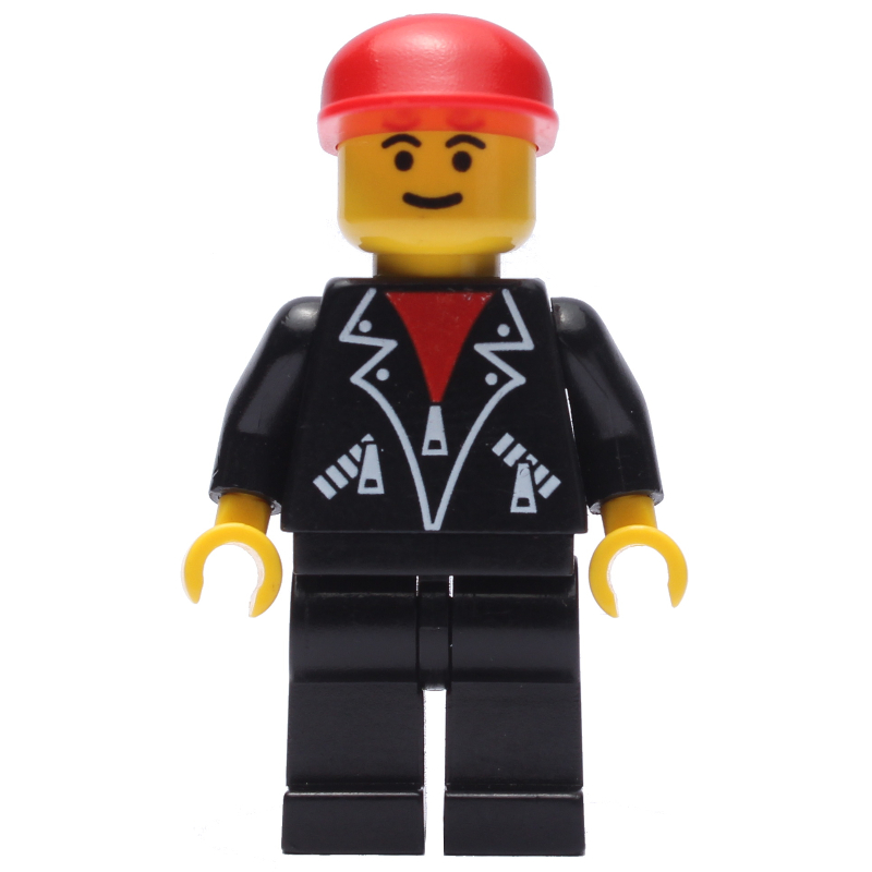 LEGO Man, Open Black Jacket over Red Shirt, Black Legs, Red Cap (fig-007136)