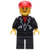 Man, Open Black Jacket over Red Shirt, Black Legs, Red Cap