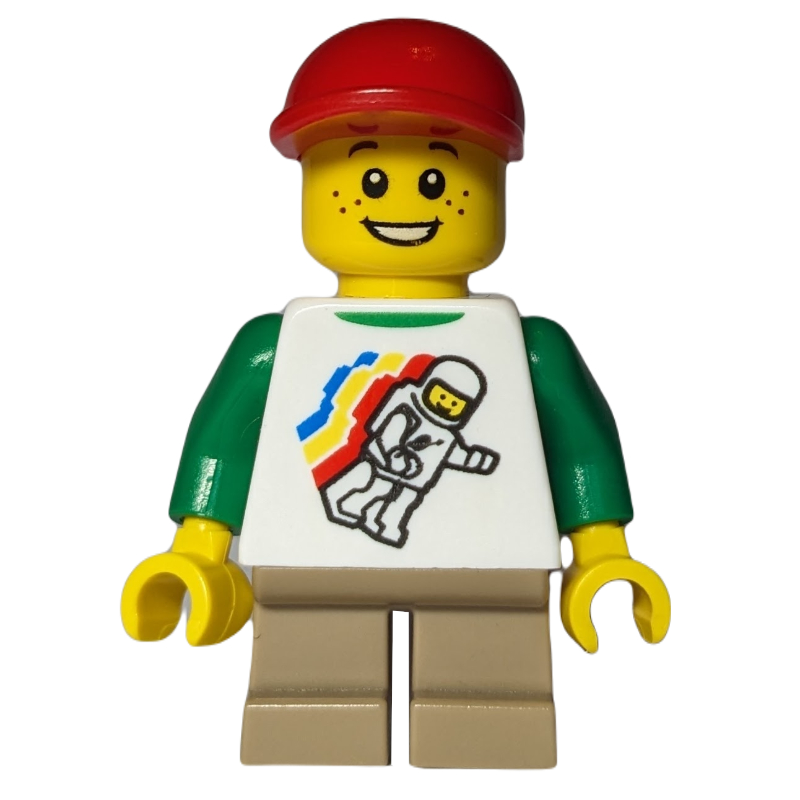 LEGO Boy, Floating Classic Spaceman on Shirt, Short Tan Legs, Red Cap (fig-007153)
