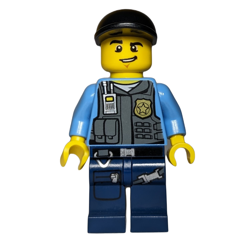 LEGO Policeman, Vest with Badge, Pockets, and Radio, Black Cap (fig-007157)