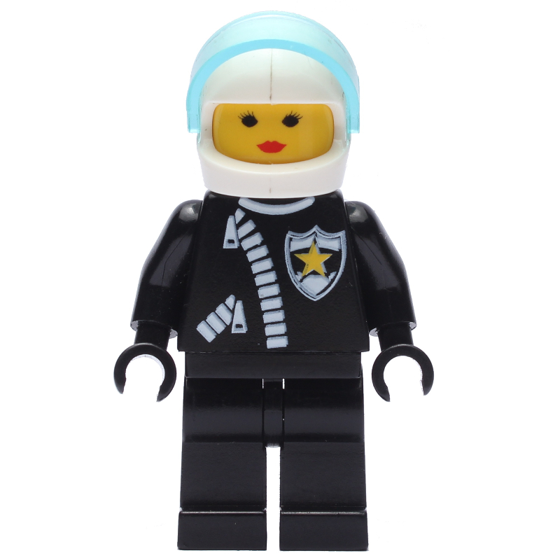 LEGO Policewoman, Black Jacket with Zipper and Badge, White Helmet with Trans-Light Blue Visor (fig-007164)