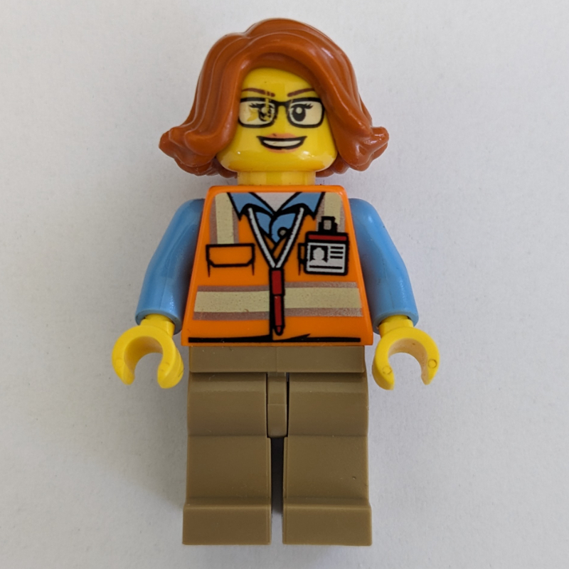 LEGO Woman, Orange Safety Vest, Dark Tan Legs, Glasses (fig-007232)