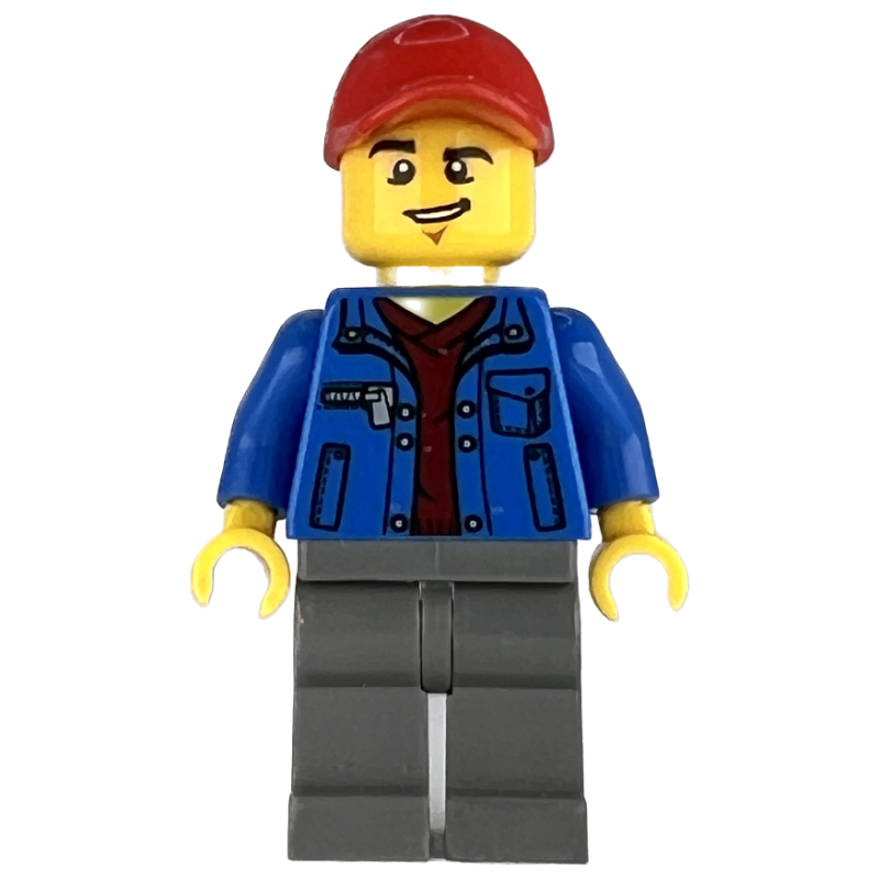 LEGO Man, Open Blue Jacket over Dark Red Shirt, Dark Bluish Gray Legs, Red Cap (fig-007233)