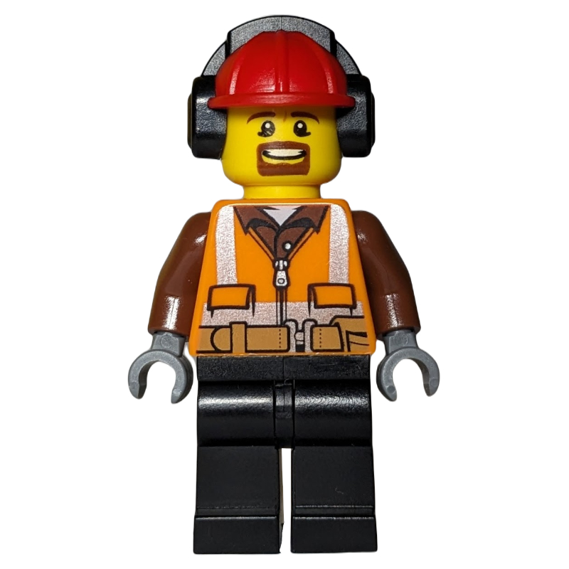 LEGO Man, Safety Vest with Belt, Black Legs, Red Hard Hat with Ear Defenders (fig-007234)