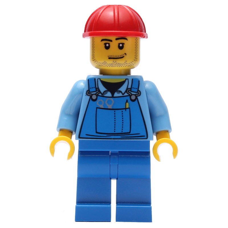 LEGO Man, Blue Overalls, Red Hard Hat, Stubble (fig-007236)
