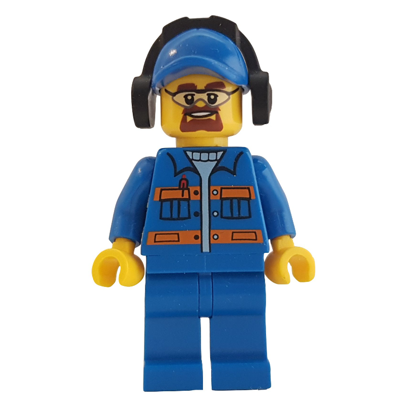 LEGO Man, Blue Jacket with Orange Stripes, Blue Legs, Blue Cap, Ear Defenders (fig-007238)