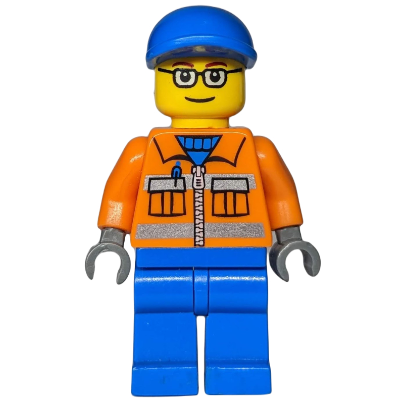 LEGO Ground Crew, Orange Jacket with Zipper and Reflective Stripes, Blue Legs, Blue Cap, Glasses (fig-007243)