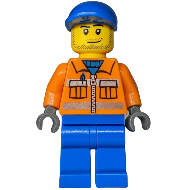 LEGO Ground Crew, Orange Jacket with Zipper and Reflective Stripes, Blue Legs, Blue Cap, Stubble (fig-007244)