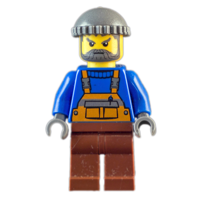 LEGO Man, Orange Overalls over Blue Sweater, Reddish Brown Legs, Dark Bluish Gray Hat, Beard (fig-007245)