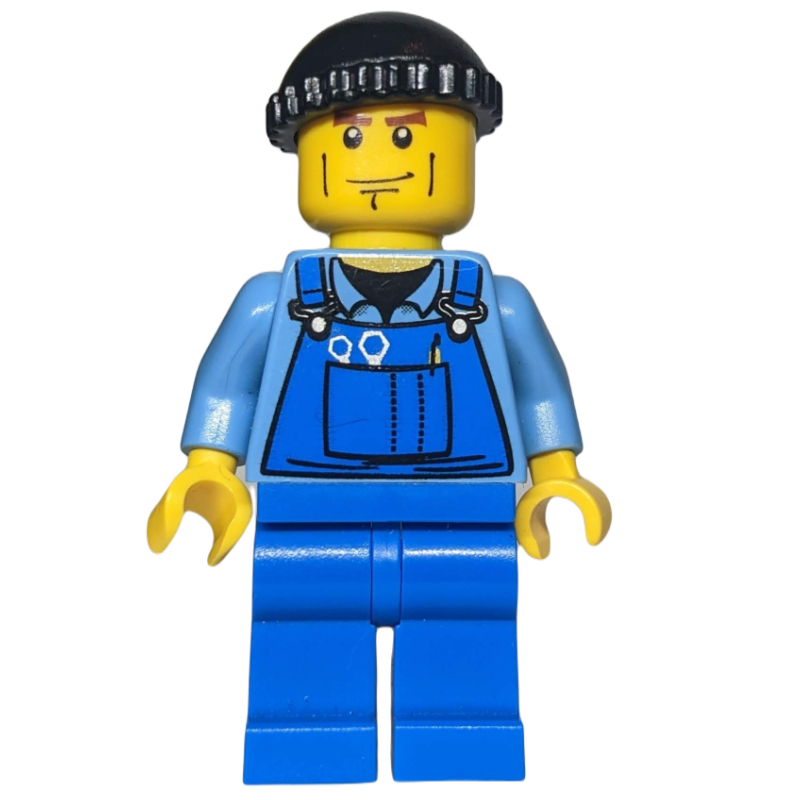 LEGO Man, Blue Overalls over Shirt, Blue Legs, Black Hat, Cheek Lines (fig-007249)