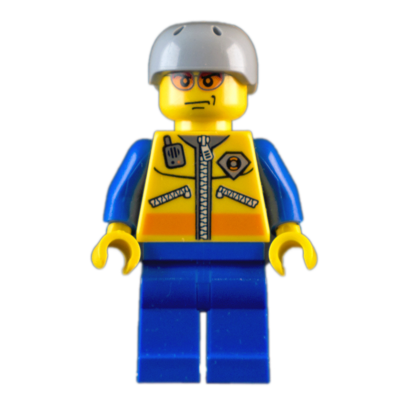 LEGO Coast Guard, Yellow Jacket with Zipper, Radio and Badge, Light Bluish Gray Helmet, Orange Sunglasses (fig-007250)