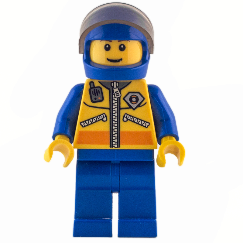 LEGO Coast Guard, Yellow Jacket with Zipper, Radio and Badge, Blue Helmet with Visor, Brown Eyebrows (fig-007251)