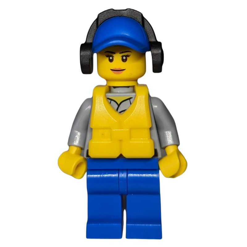 LEGO Coast Guard, Light Bluish Gray Shirt with Badge, Blue Cap, Ear Defenders, Yellow Life Vest (fig-007252)
