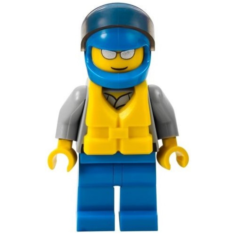 LEGO Coast Guard, Light Bluish Gray Shirt with Badge, Blue Helmet with Visor, Yellow Life Vest, Silver Sunglasses (fig-007258)