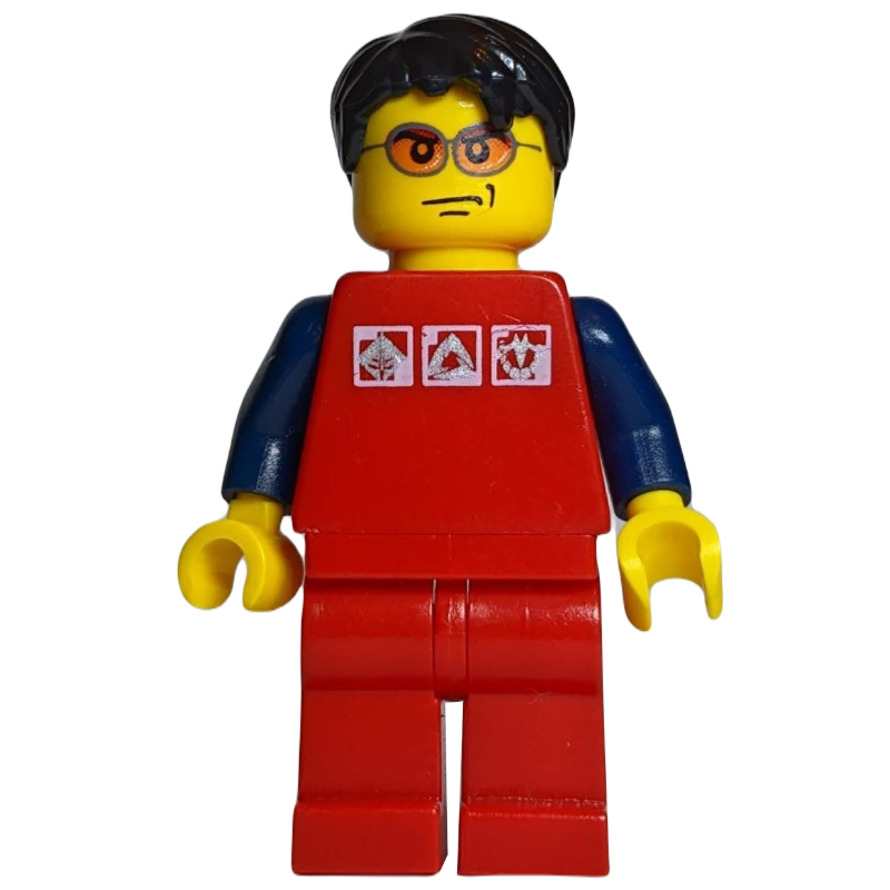 LEGO Man, Red Shirt with Dark Blue Arms, Red Legs, Black Hair, Orange Sunglasses (fig-007260)