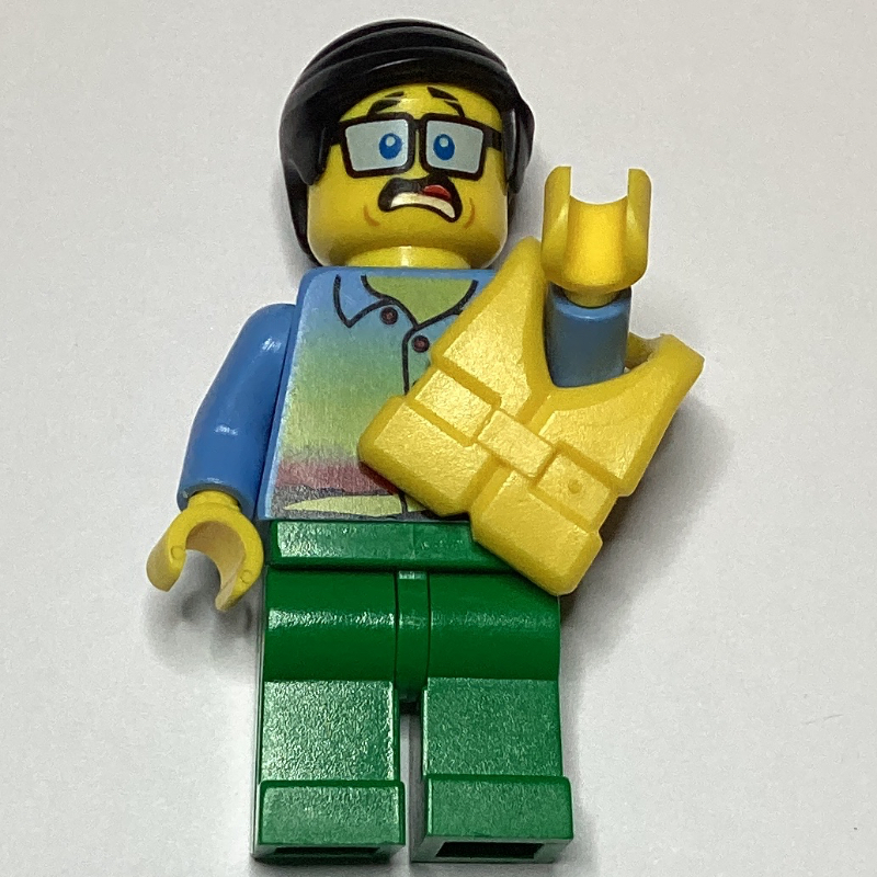 LEGO Man, Sunset Shirt with Palm Trees, Green Legs, Yellow Life Vest, Glasses (fig-007266)