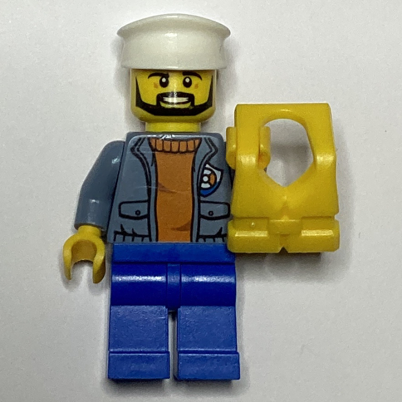 LEGO Coast Guard, Open Sand Blue Jacket with Badge over Orange Sweater, White Hat, Yellow Life Vest, Beard (fig-007267)