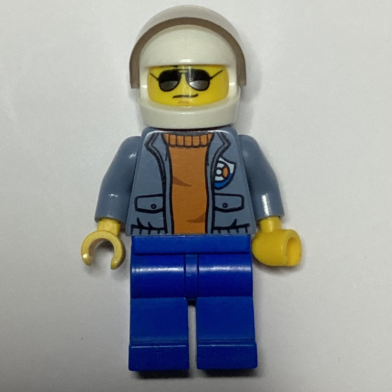 LEGO Coast Guard, Open Sand Blue Jacket with Badge over Orange Sweater, White Helmet with Visor, Sunglasses (fig-007268)