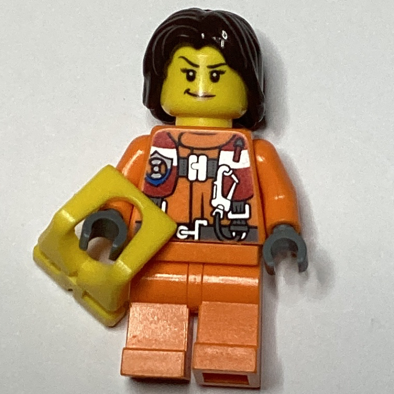 LEGO Coast Guard, Woman, Orange Jumpsuit, Yellow Life Vest, Dark Brown Hair (fig-007271)