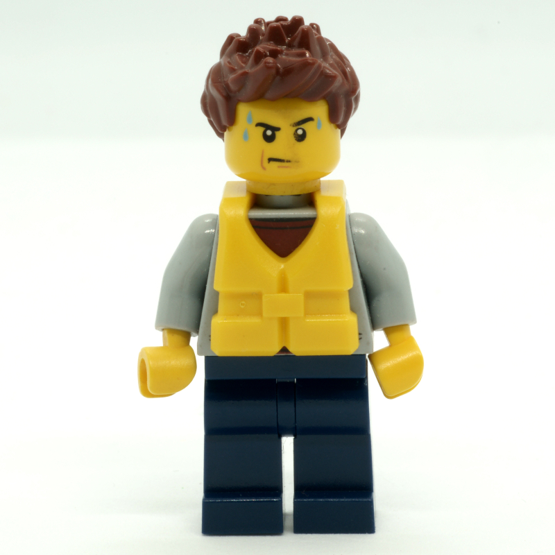 LEGO Man, Light Bluish Gray Hoodie over Dark Red Shirt, Dark Blue Legs, Yellow Life Vest (fig-007273)