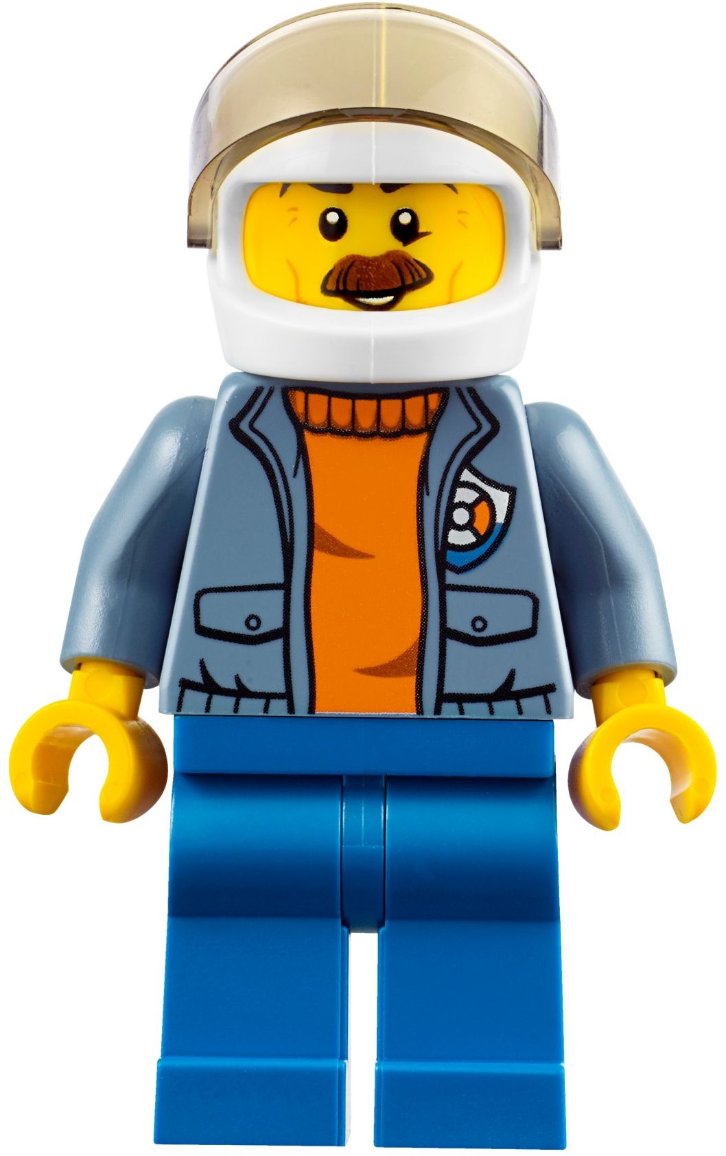 LEGO Coast Guard, Open Sand Blue Jacket with Badge over Orange Sweater, White Helmet with Visor, Moustache (fig-007274)