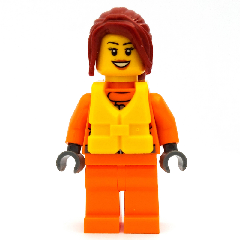 LEGO Coast Guard, Woman, Orange Jumpsuit, Yellow Life Vest, Dark Red Hair (fig-007275)