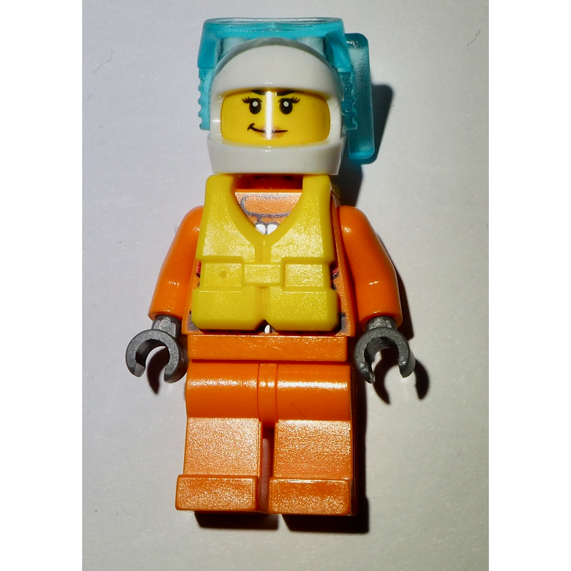 LEGO Coast Guard, Woman, Orange Jumpsuit, White Helmet with Diving Mask, Yellow Life Vest (fig-007276)
