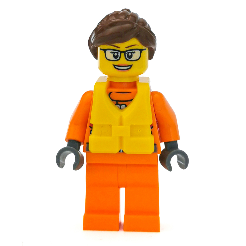 LEGO Coast Guard, Woman, Orange Jumpsuit, Yellow Life Vest, Reddish Brown Hair, Glasses (fig-007277)